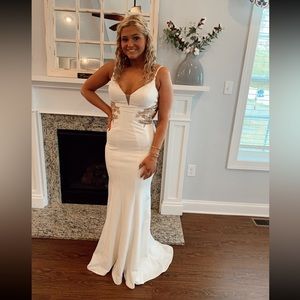 Gold beaded white prom dress